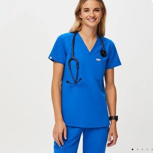 Figs Women's Vibrant Blue Short Sleeve scrub top and Livingston pants